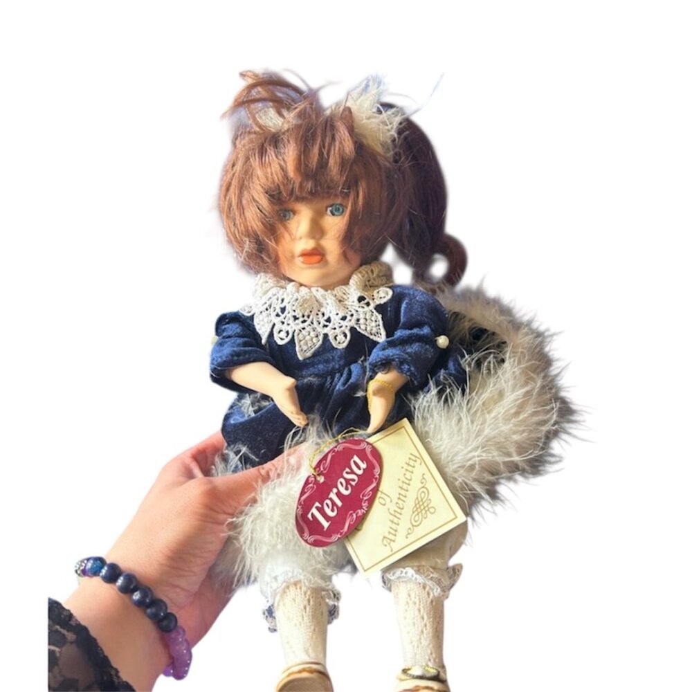Collector’s Choice “Teresa” Porcelain Doll with Certificate – 10” Blue Dress